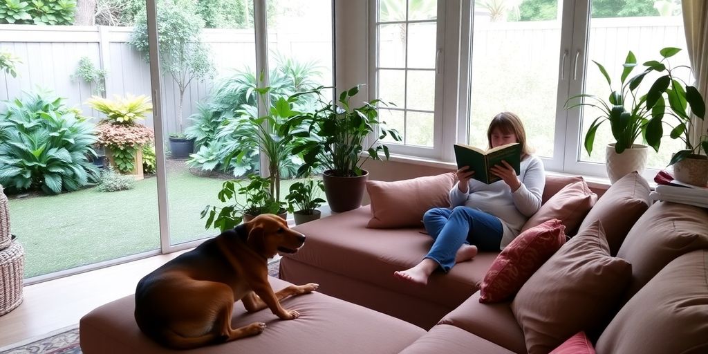 Cozy home with house sitter and pet dog.