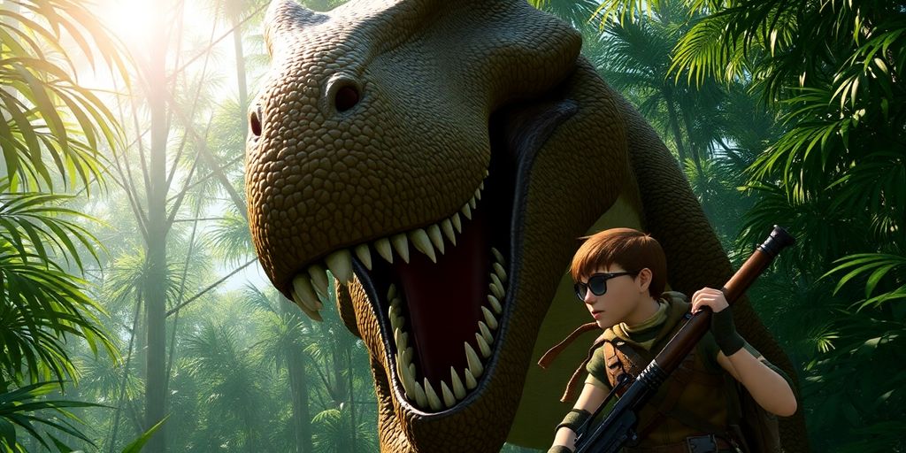 Game character facing large dinosaur in prehistoric jungle.