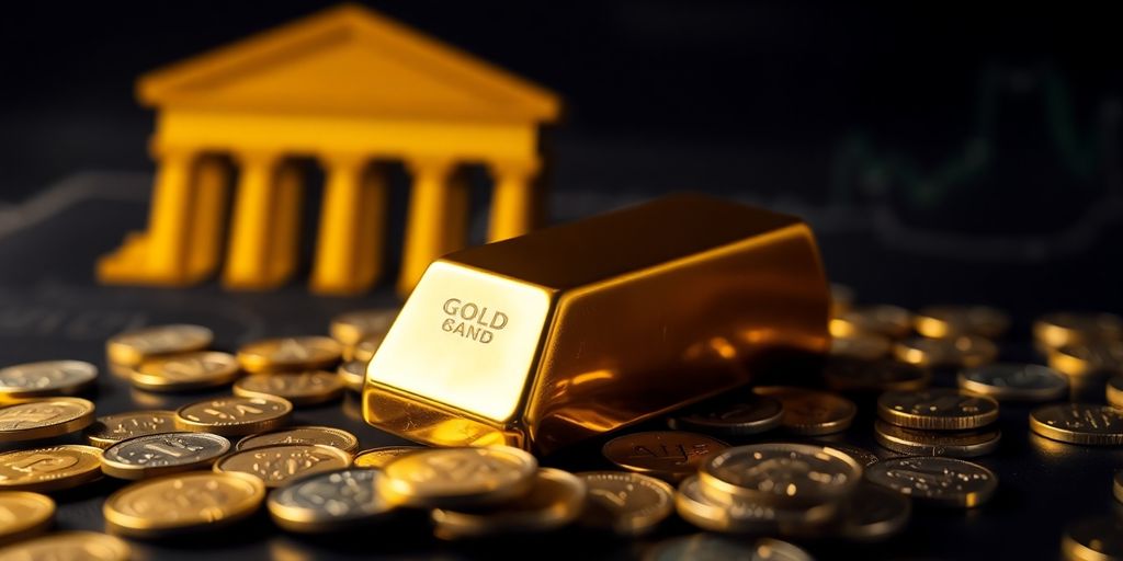 Barre d'or sur une surface sombre avec des pièces.