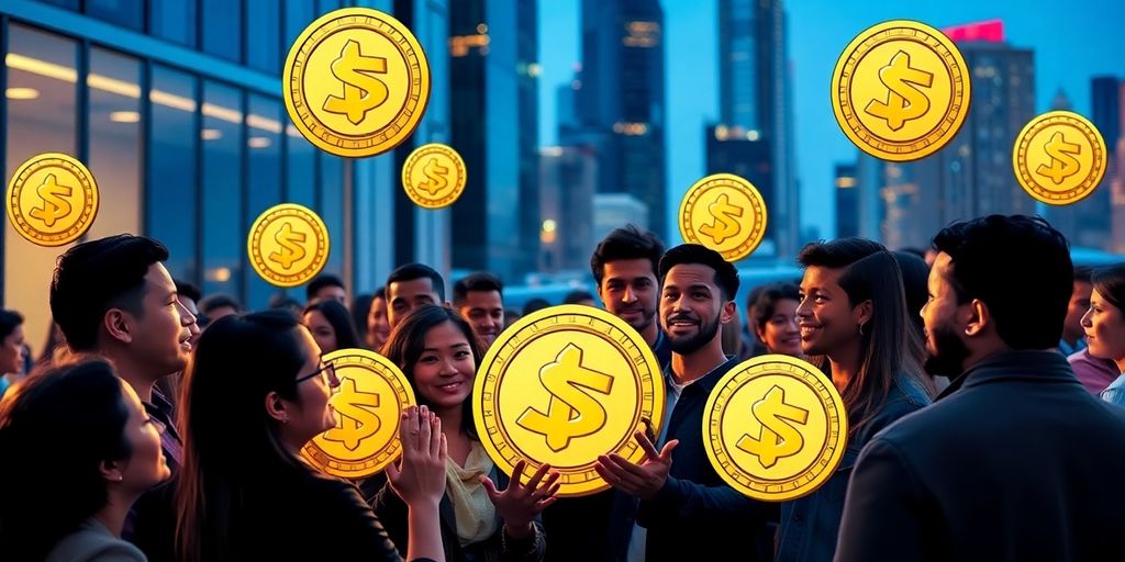 Why Everyone’s Talking About Jasmy Coin – Is It the Next Big Thing? 5 Diverse group discussing cryptocurrency in a vibrant city setting.