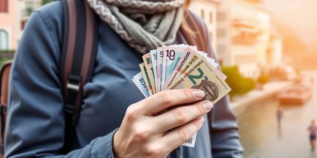 Resenär håller kontanter med europeisk bakgrund.