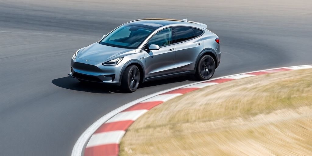 Tesla Model Y races Nurburgring track with dynamic motion.