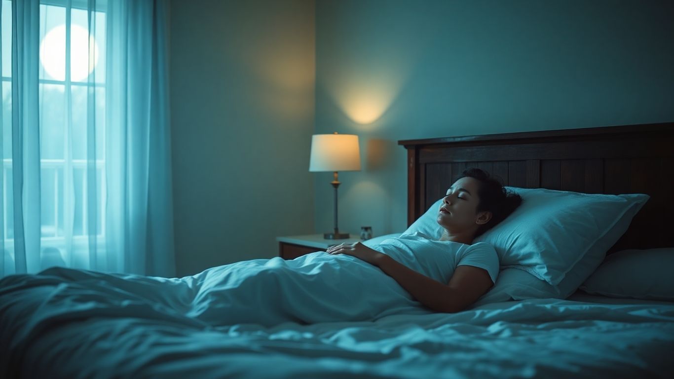 Person sleeping peacefully in a moonlit bedroom.