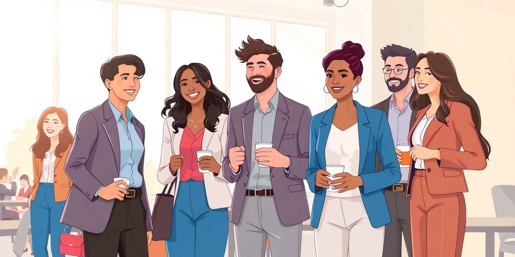 Diverse workers happily starting morning shifts.