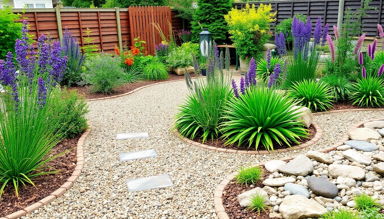 Cost-effective garden landscaping with gravel and plants.