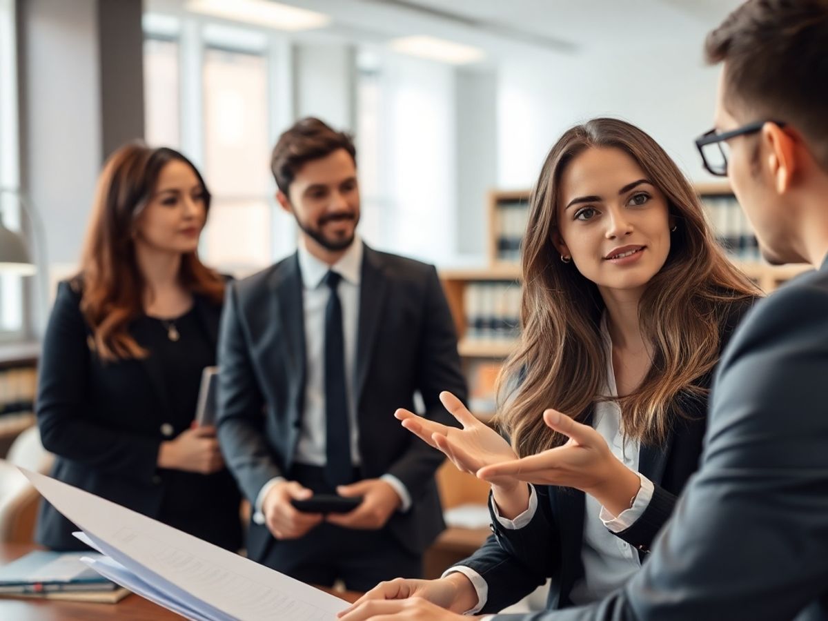 Avocat tânăr discutând într-un birou modern.