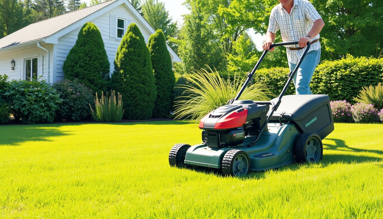 Person mowing a green lawn
