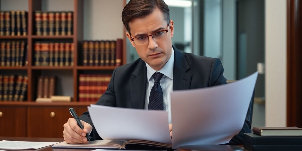 Lawyer reviewing documents in a professional office setting.