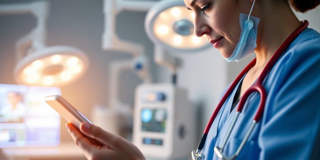 Healthcare professional with tablet in a medical setting.