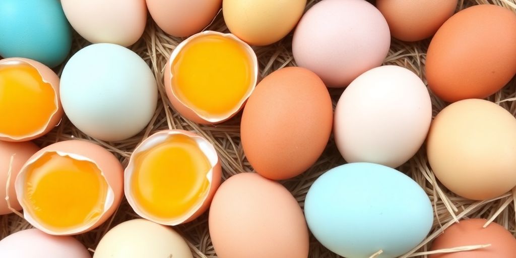 Colorful pasture raised eggs in straw for comparison.