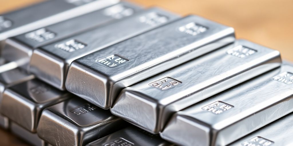 Stacked silver bars with a blurred background.