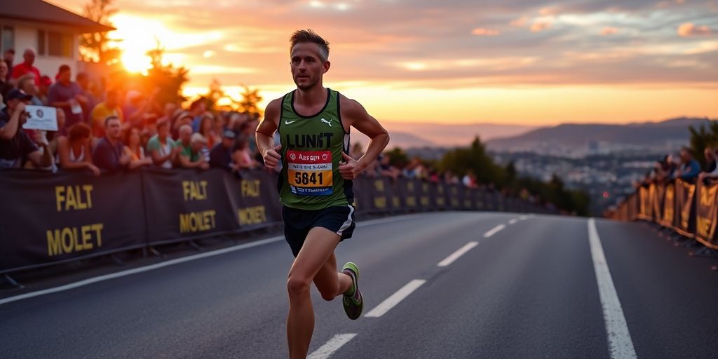 Runner on a scenic half marathon course at sunrise.