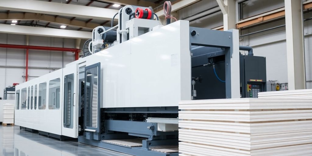 Polyurethane sandwich panel machine with panels.