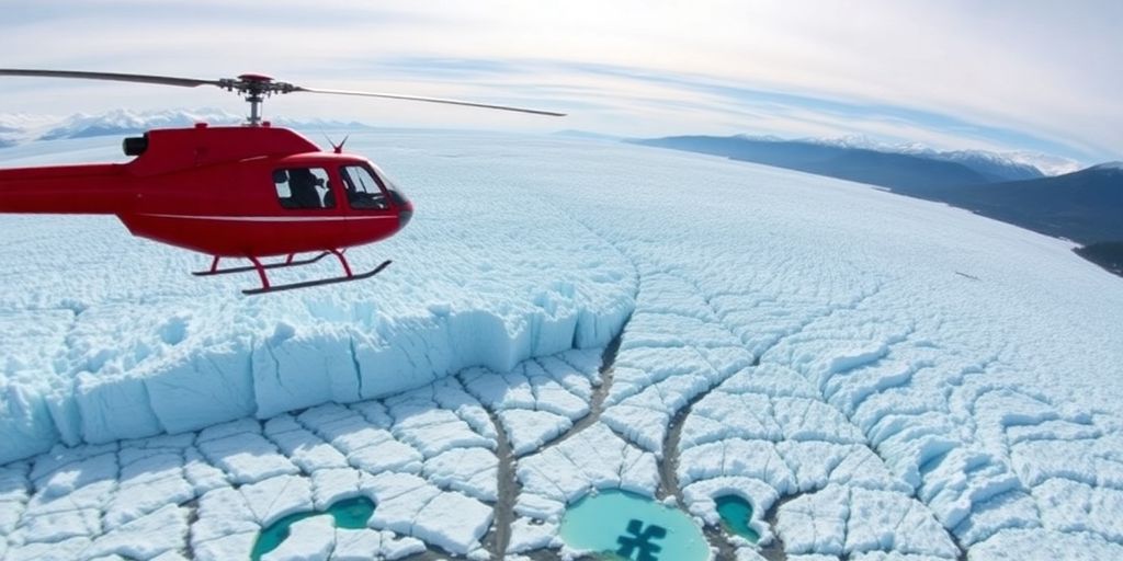 A red helicopter flies over the vast Mendenhall Glacier.