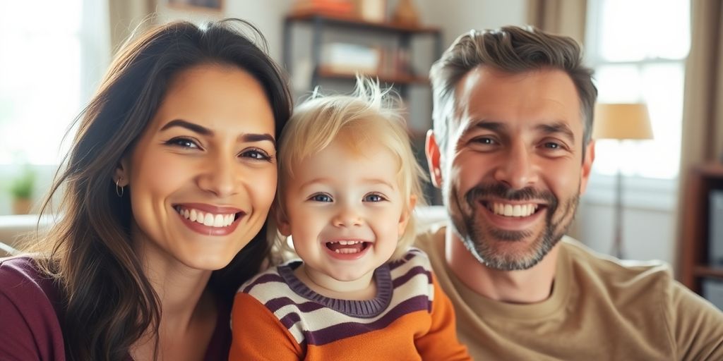 Família feliz, pais e filho, em ambiente acolhedor e seguro.