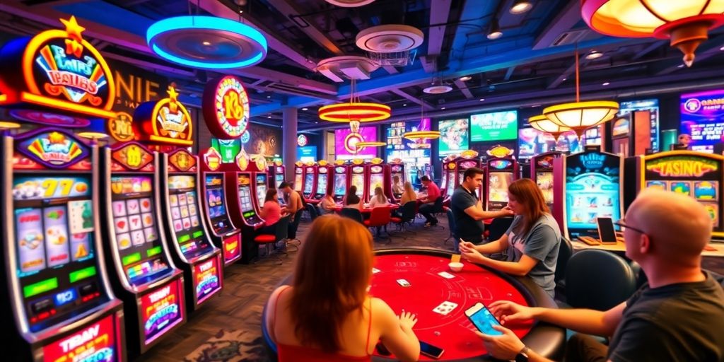 Een kleurrijke online casino-omgeving met spelers en spellen.