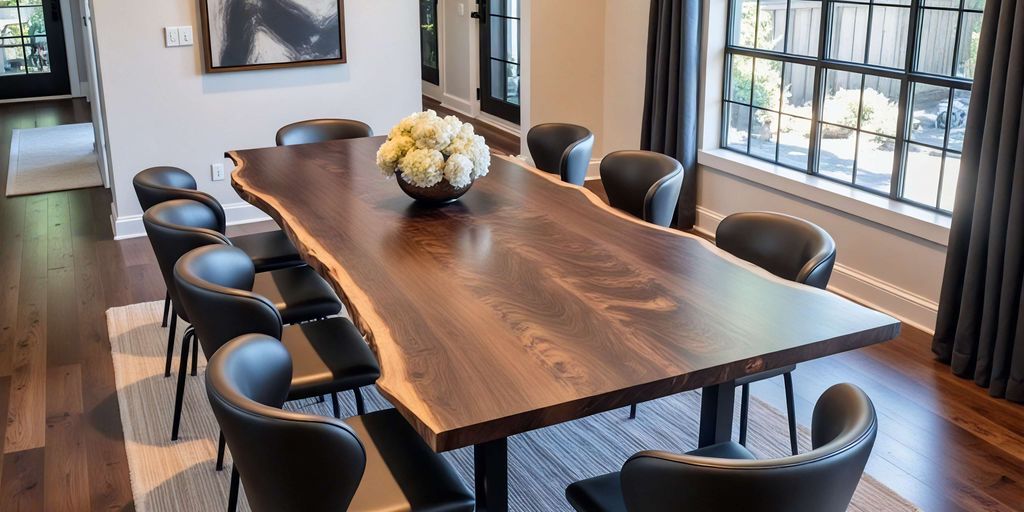 Modern dining room with a large wooden table and chairs.