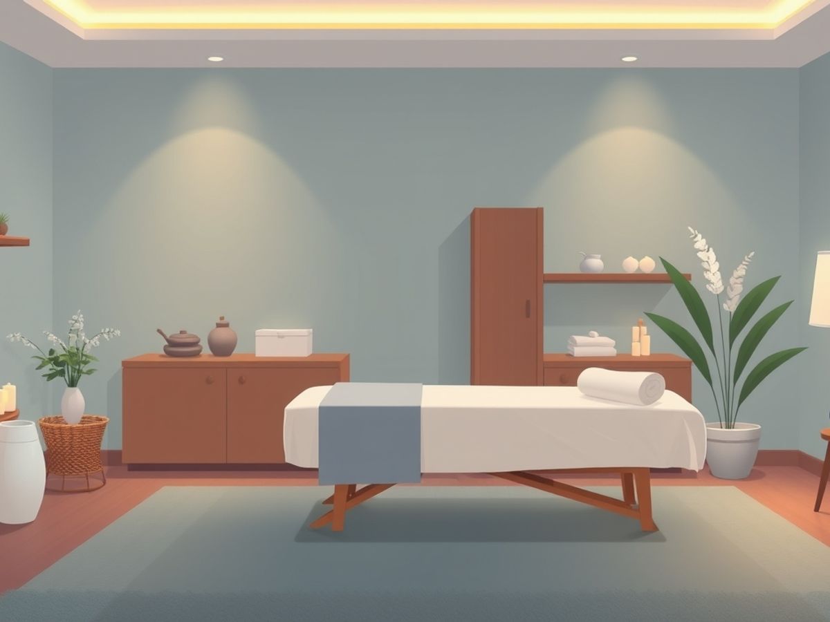Serene massage room with a massage table.