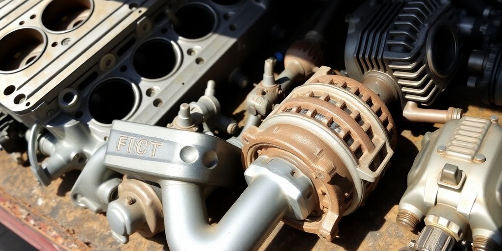 Used Fiat parts neatly arranged in a workshop.