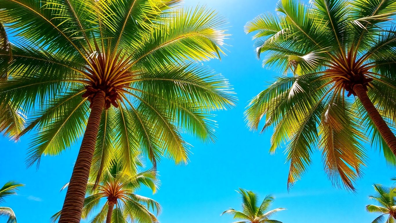 Colorful palm trees reaching towards a bright sky.