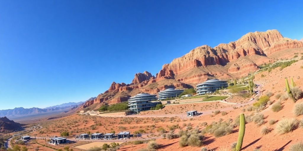 Futuristic smart city in the Arizona desert landscape.