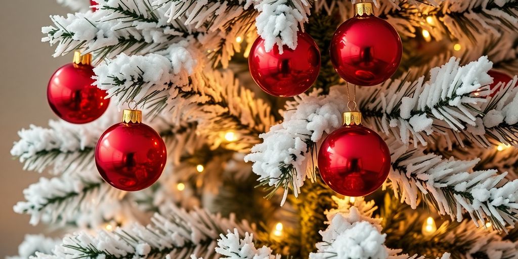 Weihnachtsbaum mit Schnee, Kugeln und Lichtern
