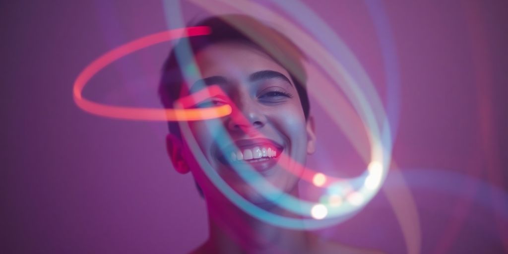 Smiling person with colorful light streaks.