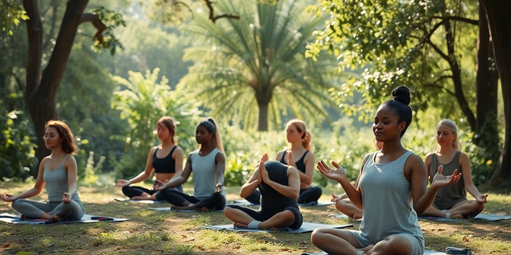 Diverse lidé meditující v přírodě.
