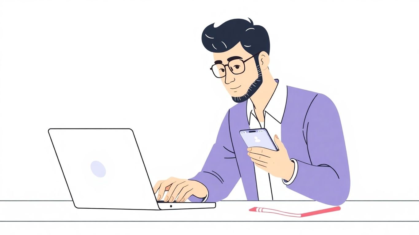 Illustrasjon av en bedriftseier med digitale verktøy.