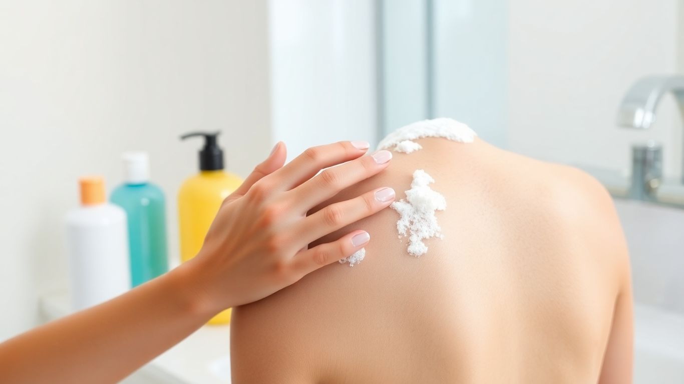Hands applying gentle body wash on clean shoulders.