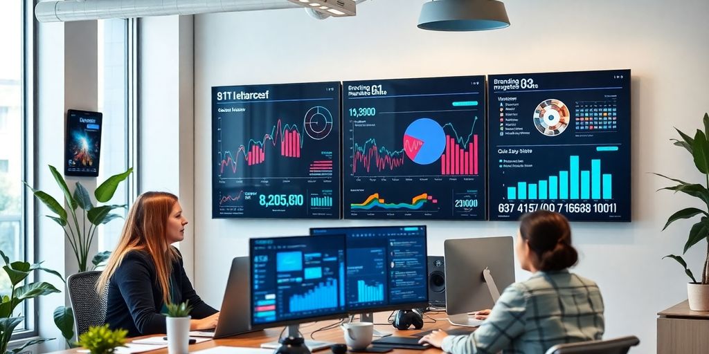 Profissionais de marketing digital em ambiente de escritório moderno.