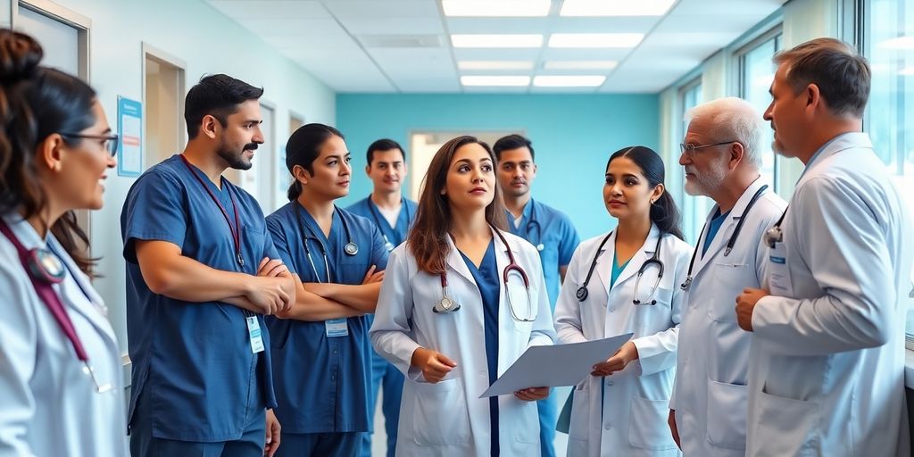 Doctors collaborating with modern medical equipment.