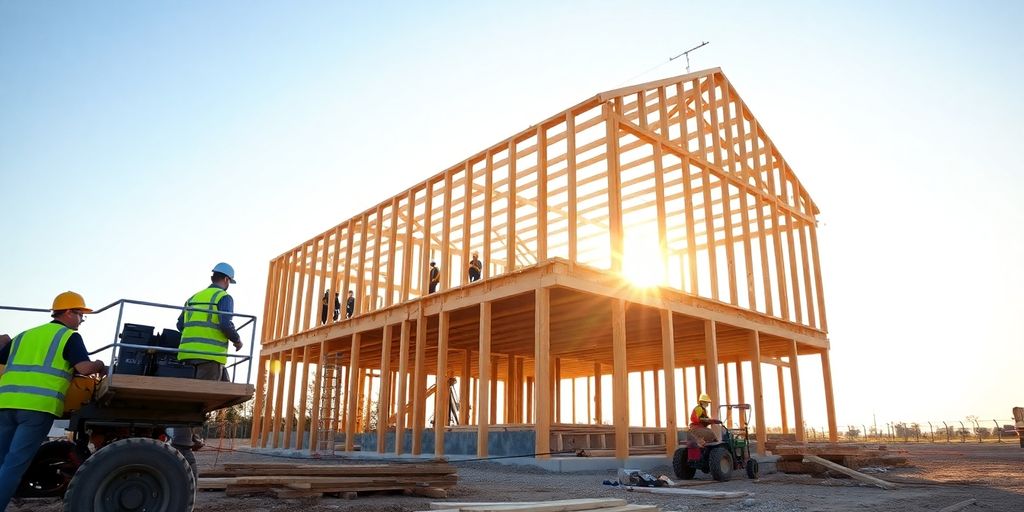 Construction crew building a house frame.