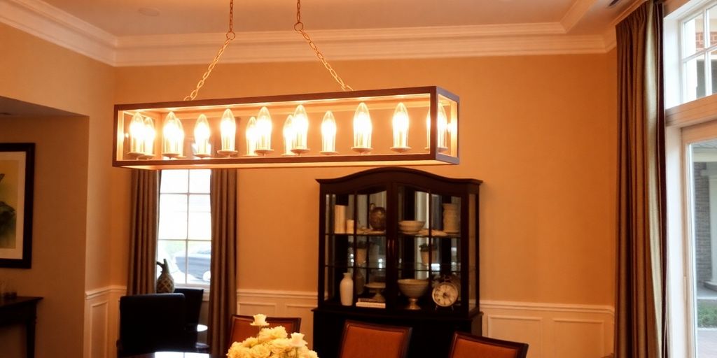 Elegant rectangular dining chandelier over a modern table.