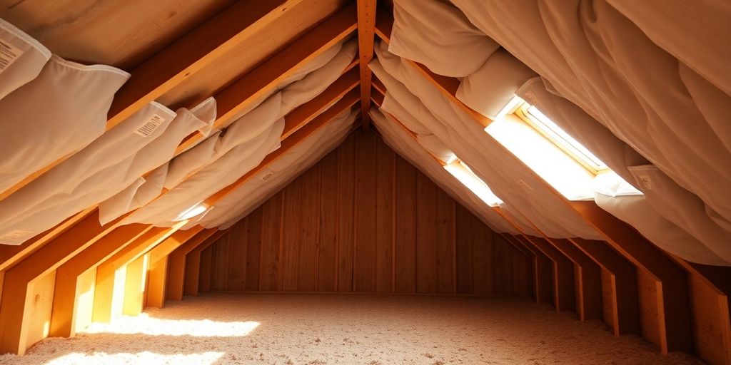Geïsoleerde zolder met warme materialen en natuurlijk licht.
