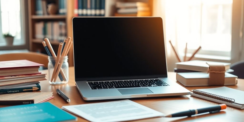 لاب توب أنيق على مكتب دراسي جامعي