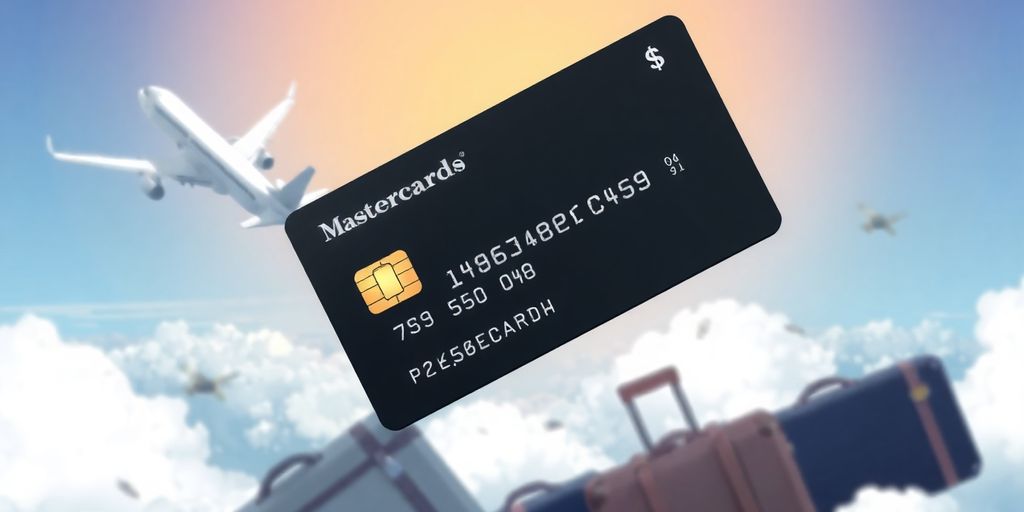 Tarjeta Mastercard volando con maletas y avión.
