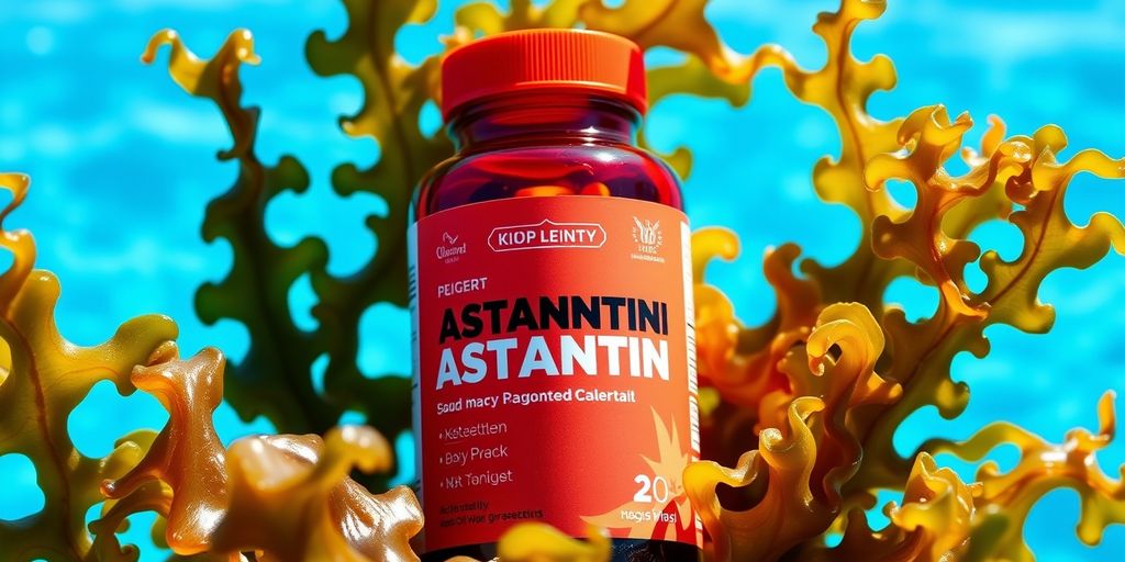Astaxanthin supplement bottle with seaweed and ocean backdrop.