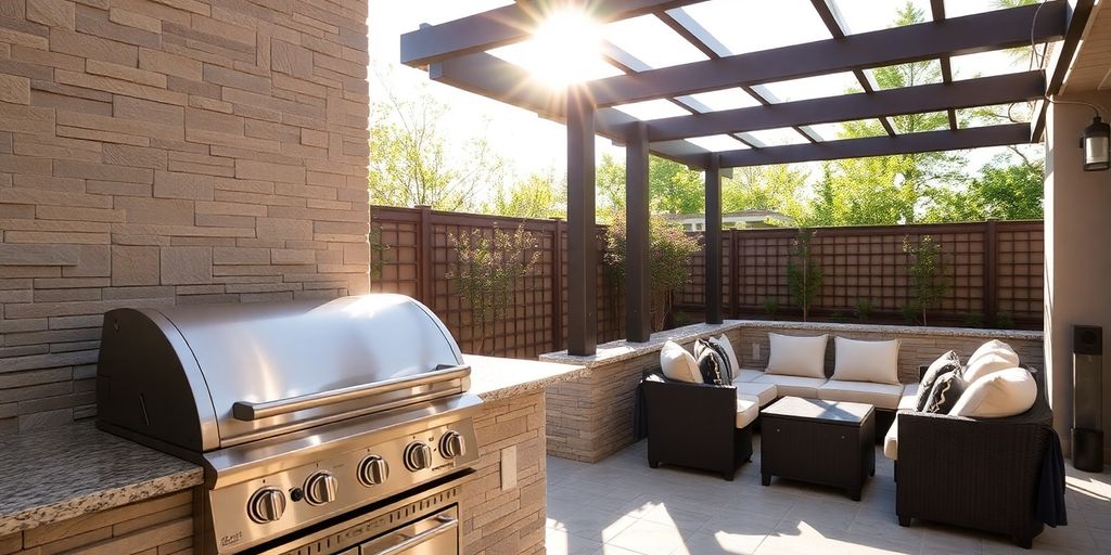 Luxurious outdoor kitchen with granite countertops and stainless steel appliances.