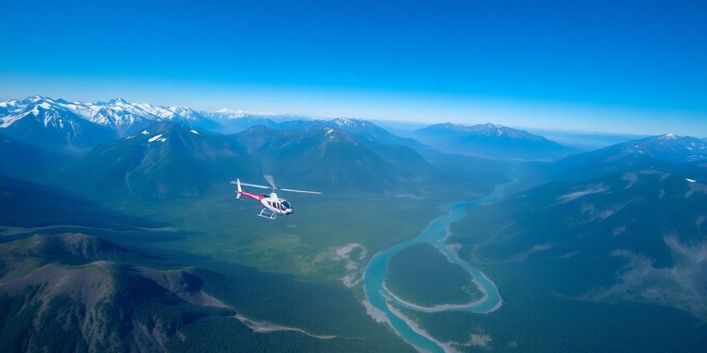 A helicopter flying over majestic snow-covered Alaskan mountains.