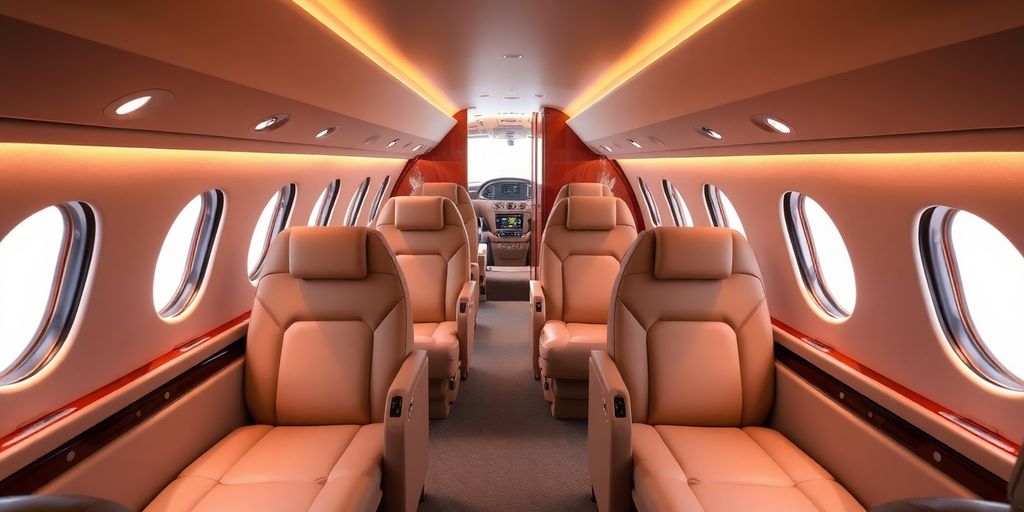 Sleek private jet interior with plush seating.