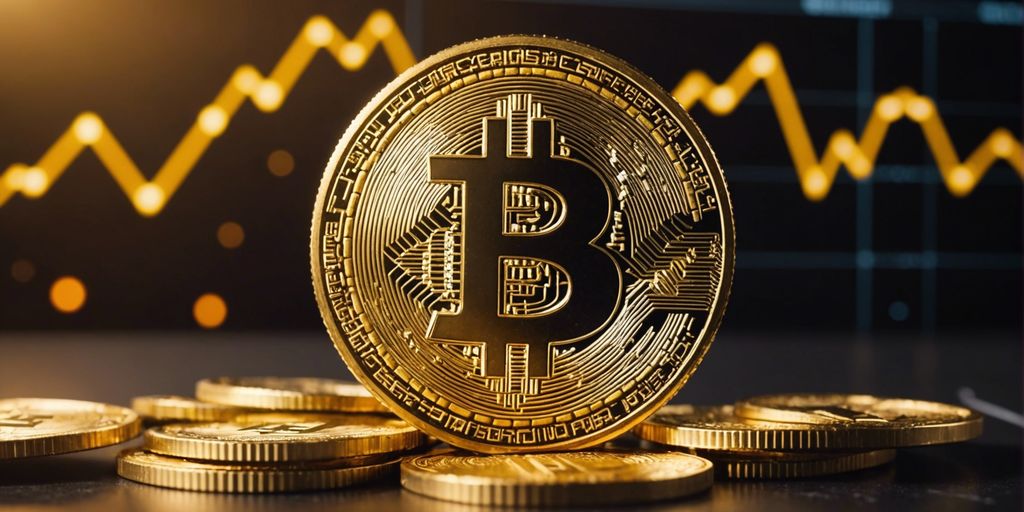 Golden Bitcoin, referral chain, and financial graphs showing growth and benefits from free crypto referral.