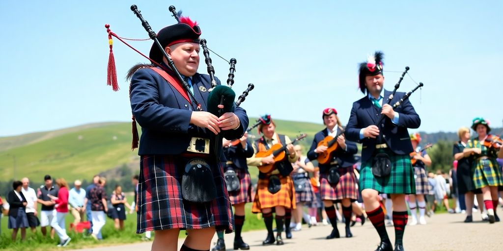 Scottish musicians and dancers performing at a festival.