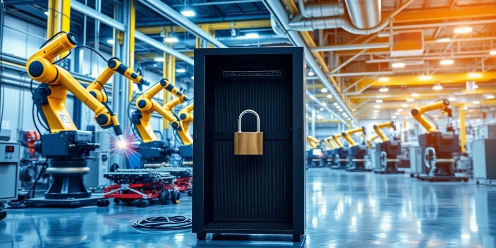 Automated factory line with robotic arms, server rack and padlock.