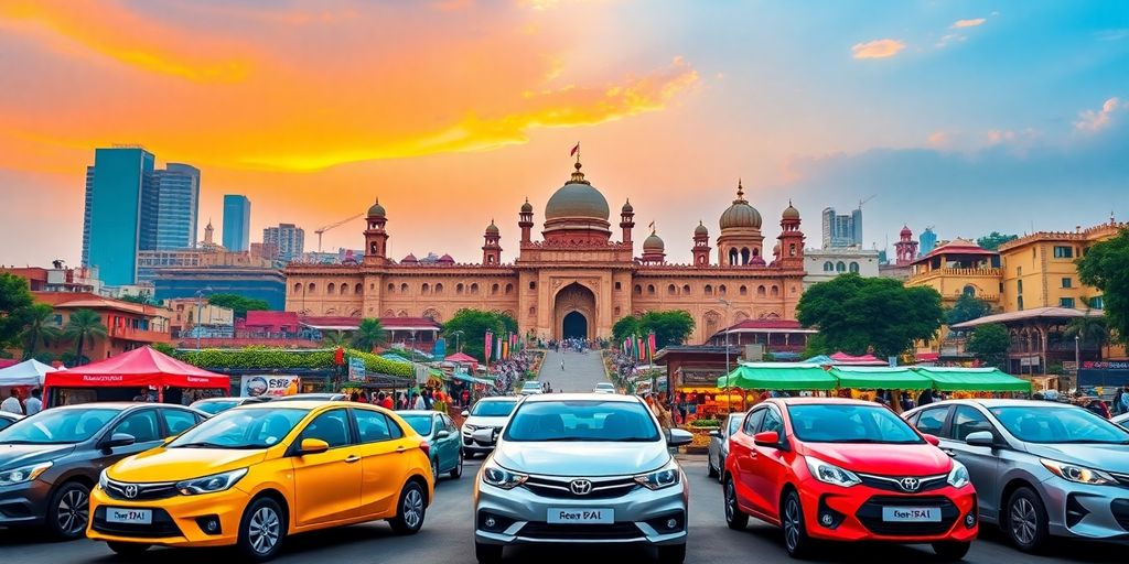 Colorful rental cars with Lahore skyline in background.