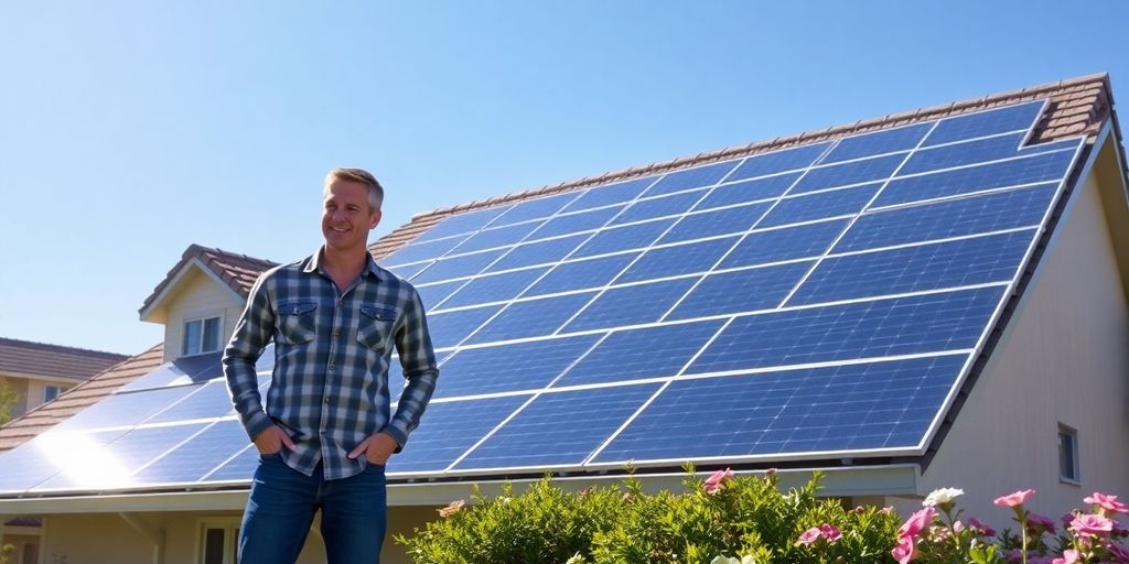 Smiling homeowner beside rooftop solar panels under bright blue sky