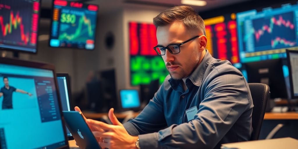 Trader focused on options trading at a modern desk.