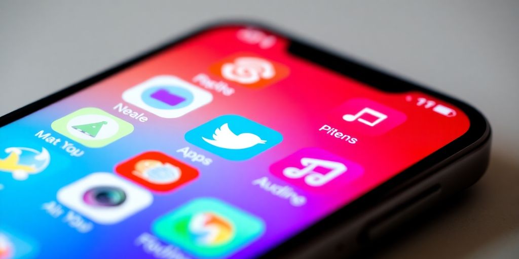 Smartphone with colorful app icons on the screen.