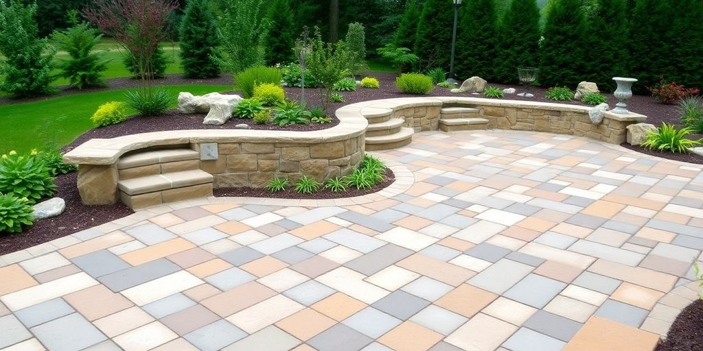 Colorful paver patio with greenery and garden decor.