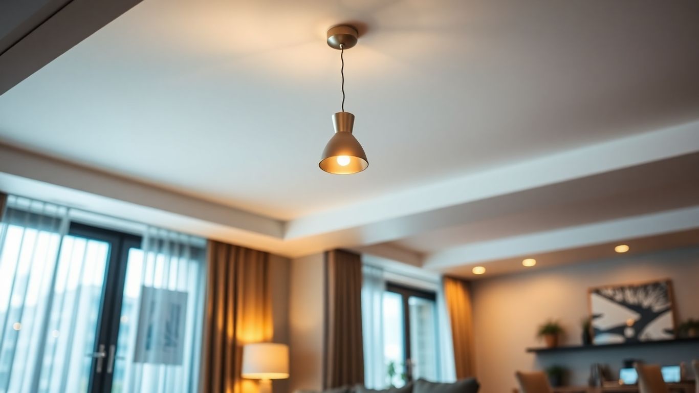 Adjustable ceiling light illuminating a modern living room.